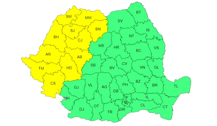 Harta zonelor afectate de o avertizare meteo ANM de cod galben de furtuni și ploi