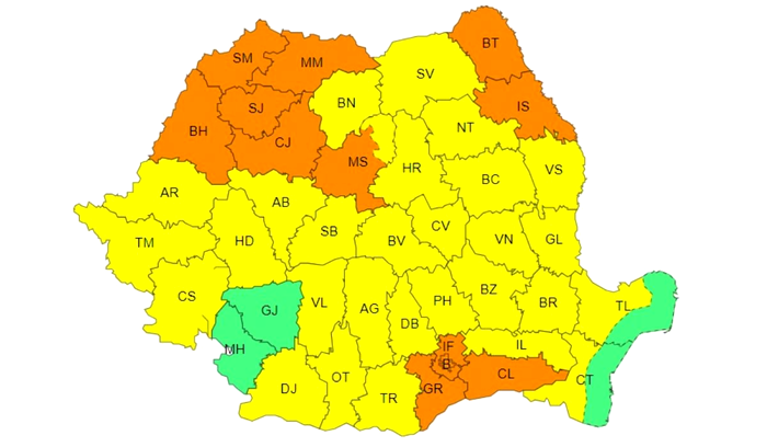 Harta zonelor afectate de o avertizare meteo cod portocaliu de caniculă