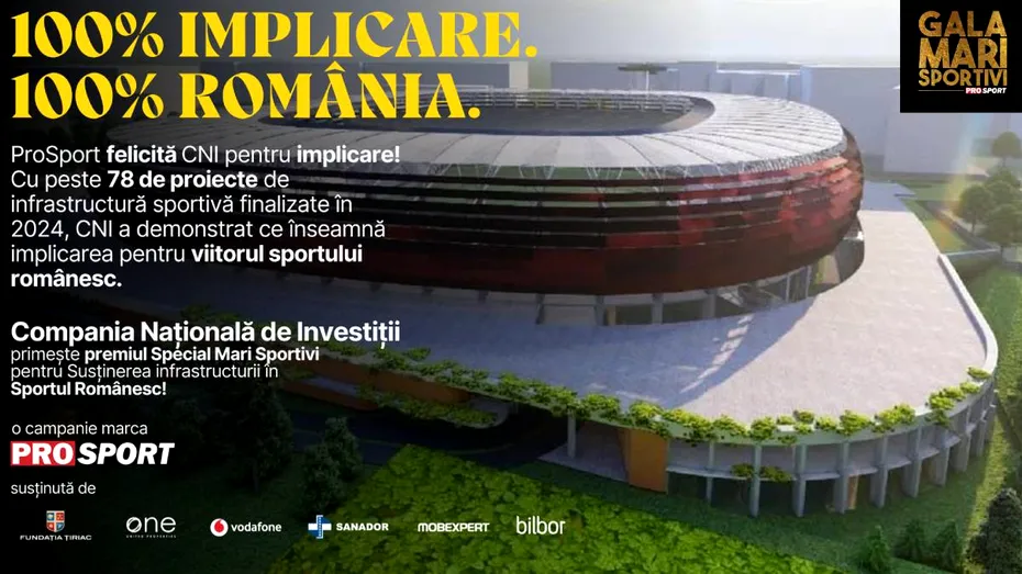 Compania Națională de Investiții a primit premiul special pentru Susținerea infrastructurii în Sportul Românesc la Gala Mari Sportivi ProSport 2024! CNI, 78 de proiecte finalizate în acest an