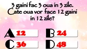 TEST IQ | 3 găini fac 3 ouă în 3 zile. Câte ouă vor face 12 găini în 12 zile?