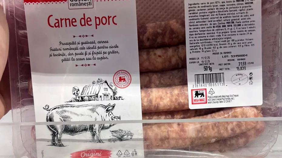 Din ce sunt făcuți cârnații de porc din Mega Image, de fapt. Avem eticheta!