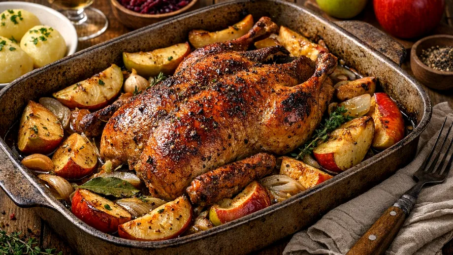 Rață cu mere la cuptor: rețetă tradițională cu influențe ardelenești. În cât timp e gata