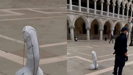 Protest inedit în Italia. O sculptură în formă de falus cu mască de protecţie, amplasată în piaţa centrală din Veneţia