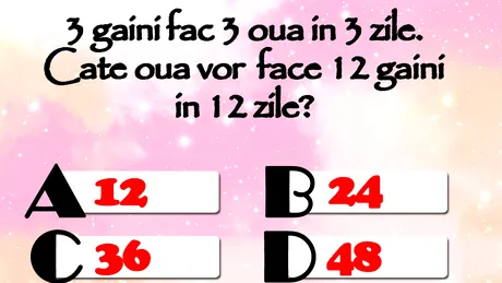 TEST IQ | 3 găini fac 3 ouă în 3 zile. Câte ouă vor face 12 găini în 12 zile?